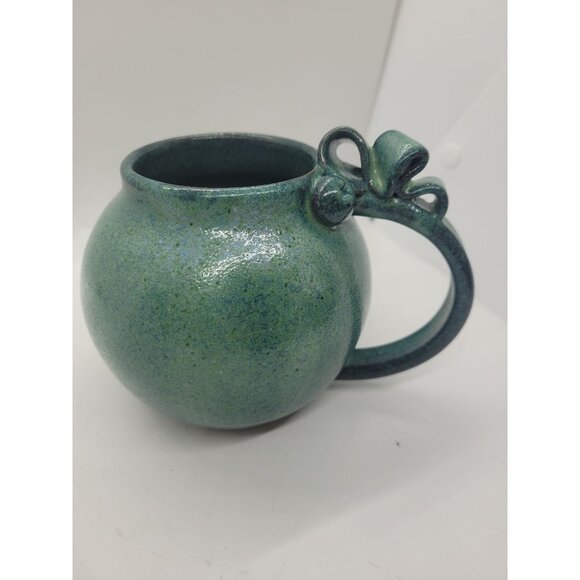 Handthrown Pottery Green Ceramic Mug Ornate Handle Signed Artesian cottage core - Picture 8 of 9